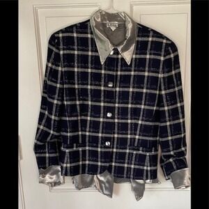 Classic Pendleton Navy & Silver Metallic Thread Plaid 100% Virgin Wool Blazer 14